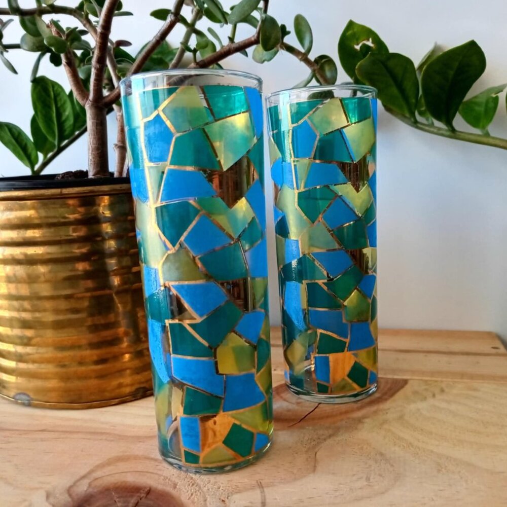 Set (2) Vintage Federal Glass Mosaic Collins Glasses